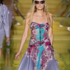 Versace Lilac Floral Raffia Corset Dress with Flounce Skirt, Size 44 - US 8
